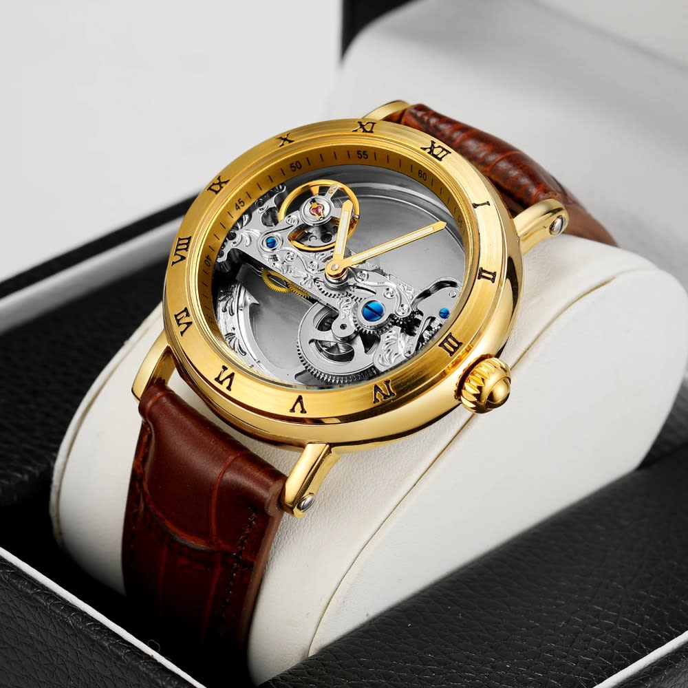 Golden Bridge Skeleton Automatic Mens Watch Luxury with Genuine Leather Strap